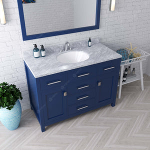 MS-2048-WMRO-FB Blue Caroline 48" Single Bath Vanity Set with Italian Carrara White Marble Top & Oval Centered Basin, Mirror side