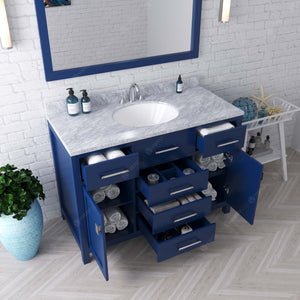 MS-2048-WMRO-FB Blue Caroline 48" Single Bath Vanity Set with Italian Carrara White Marble Top & Oval Centered Basin, Mirror open