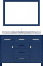 Load image into Gallery viewer, MS-2048-WMRO-FB Blue Caroline 48&quot; Single Bath Vanity Set with Italian Carrara White Marble Top &amp; Oval Centered Basin, Mirror