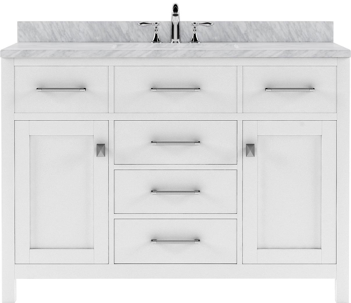 MS-2048-WMSQ-WH White Caroline 48" Single Bath Vanity Set with Italian Carrara White Marble Top & Rectangular Centered Basin