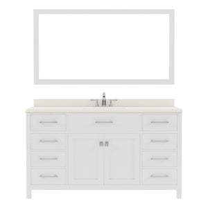 MS-2060-DWQSQ-WH White Caroline 60" Single Bath Vanity Set with Dazzle White Quartz Top & Rectangular Centered Basin, Mirror