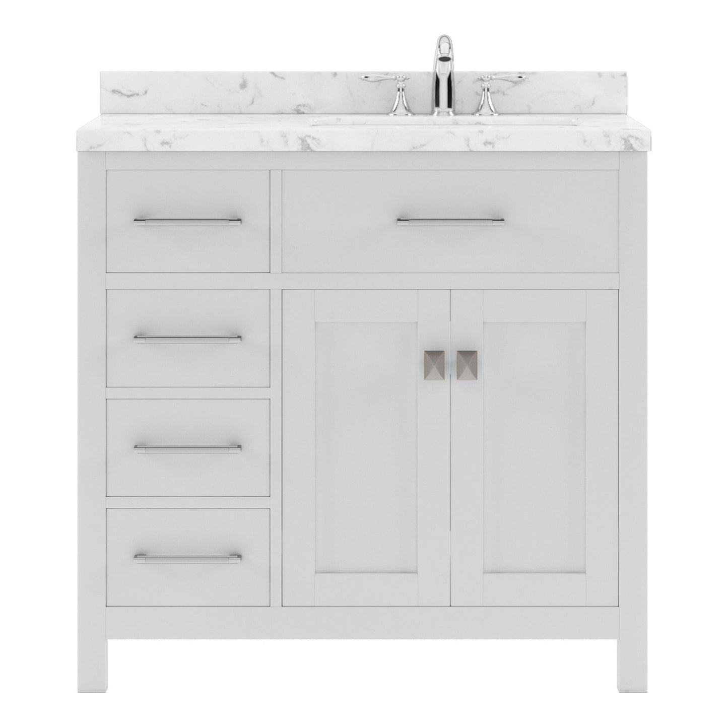 MS-2136L-CMRO-WH White Caroline Parkway 36" Single Bath Vanity Set with Cultured Marble Quartz Top & Oval Right Offset Basin