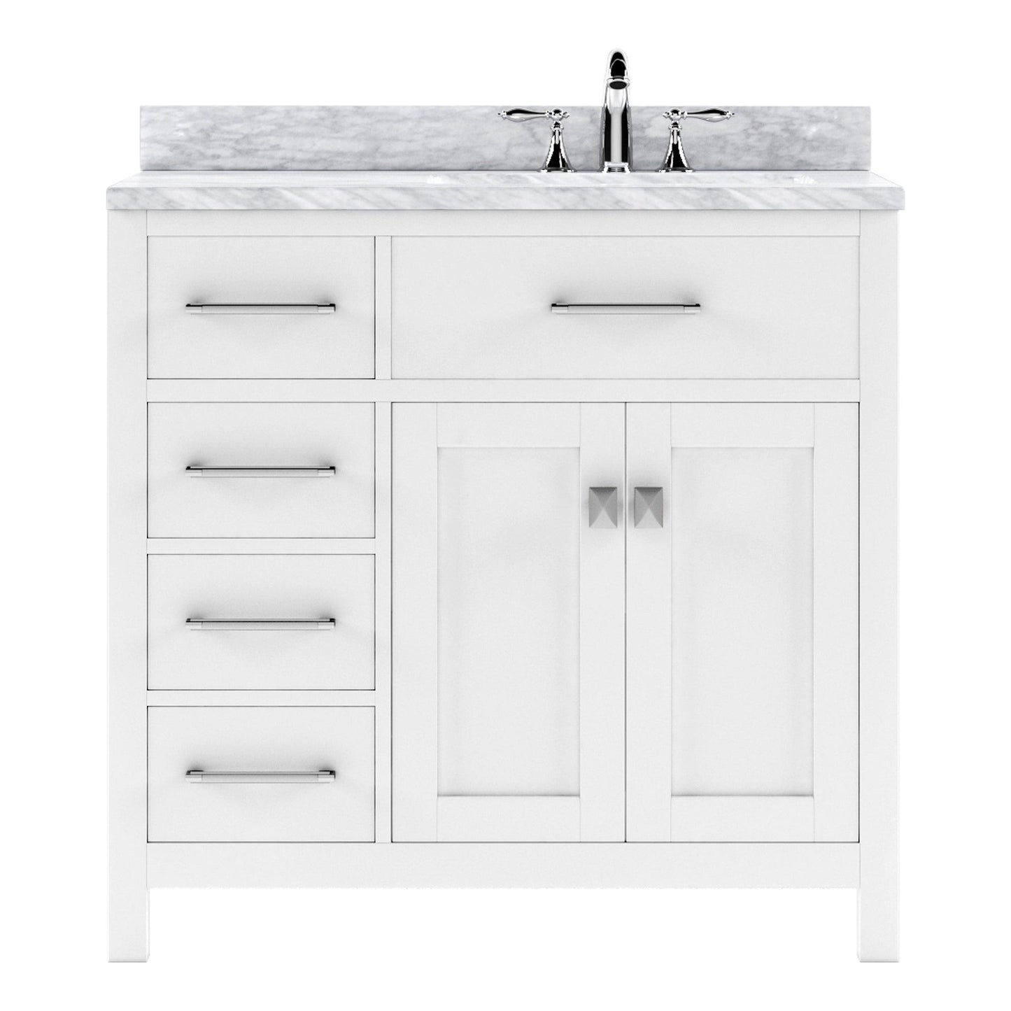 MS-2136L-WMSQ-WH White Caroline Parkway 36" Single Bath Vanity Set with Italian Carrara White Marble Top & Rectangular Right Offset Basin