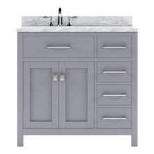 Load image into Gallery viewer, MS-2136R-WMSQ-GR Gray Caroline Parkway 36&quot; Single Bath Vanity Set with Italian Carrara White Marble Top &amp; Rectangular Left Offset Basin