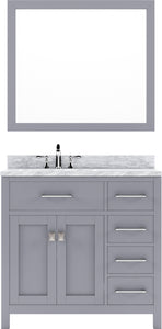 MS-2136R-WMSQ-GR Gray Caroline Parkway 36" Single Bath Vanity Set with Italian Carrara White Marble Top & Rectangular Left Offset Basin, Mirror