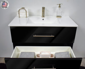 Volpa USA Napa 36" Modern Wall-Mounted Floating Bathroom Vanity Glossy Black MTD-3336GB-1 bdmiu