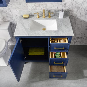 Legion WLF2136-B 36" Blue Finish Sink Vanity Cabinet with Carrara White Top, Open doors and drawers