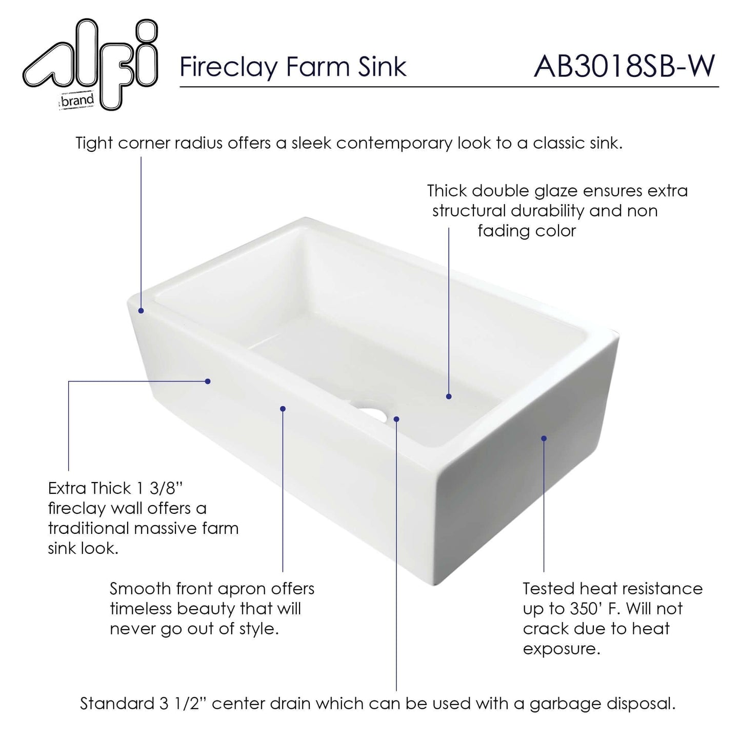 ALFI brand AB3018SB-W 30" White Smooth Apron Solid Thick Wall Fireclay Single Bowl Farm Sink