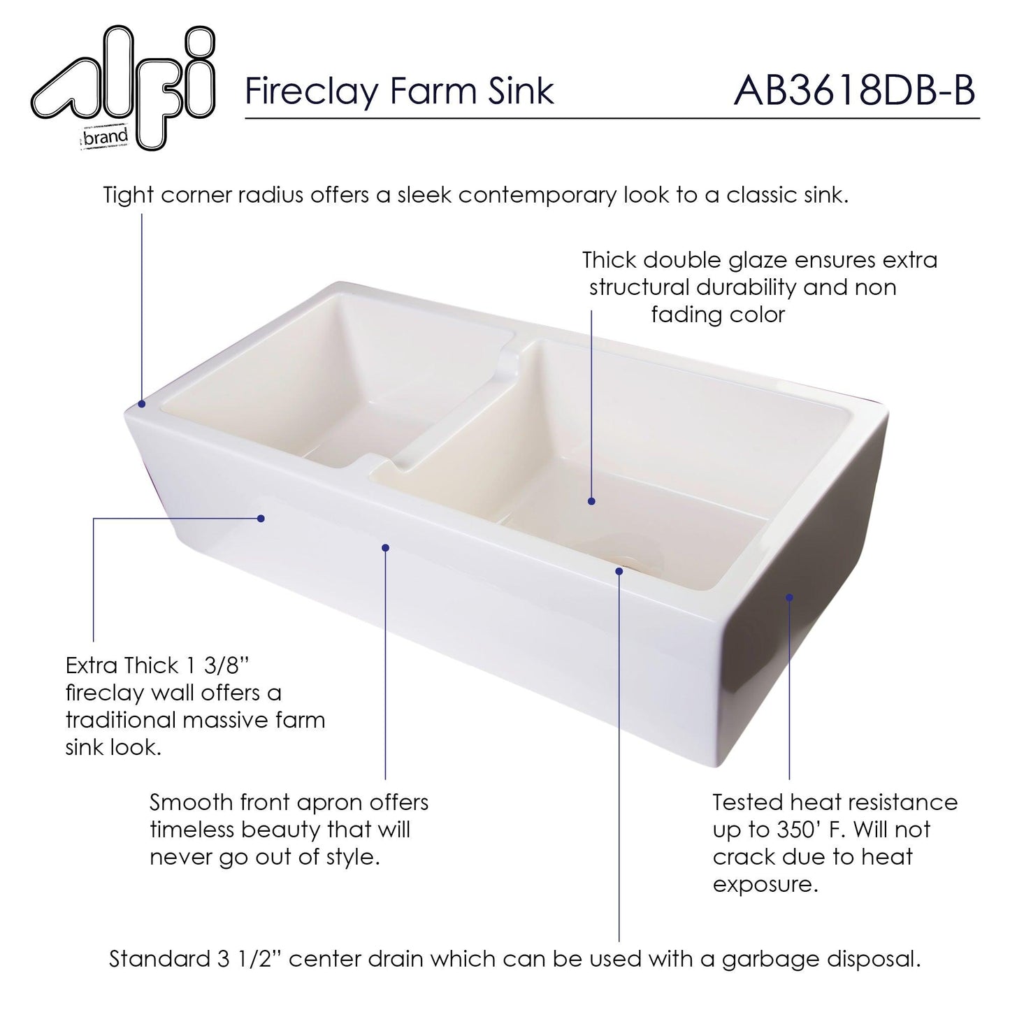 ALFI brand AB3618DB-B 36" Biscuit Smooth Apron Thick Wall Fireclay Double Bowl Farm Sink