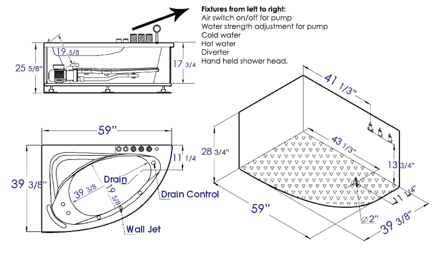 EAGO AM161-R 5' Single Person Corner White Acrylic Whirlpool Bath Tub - Drain on Right