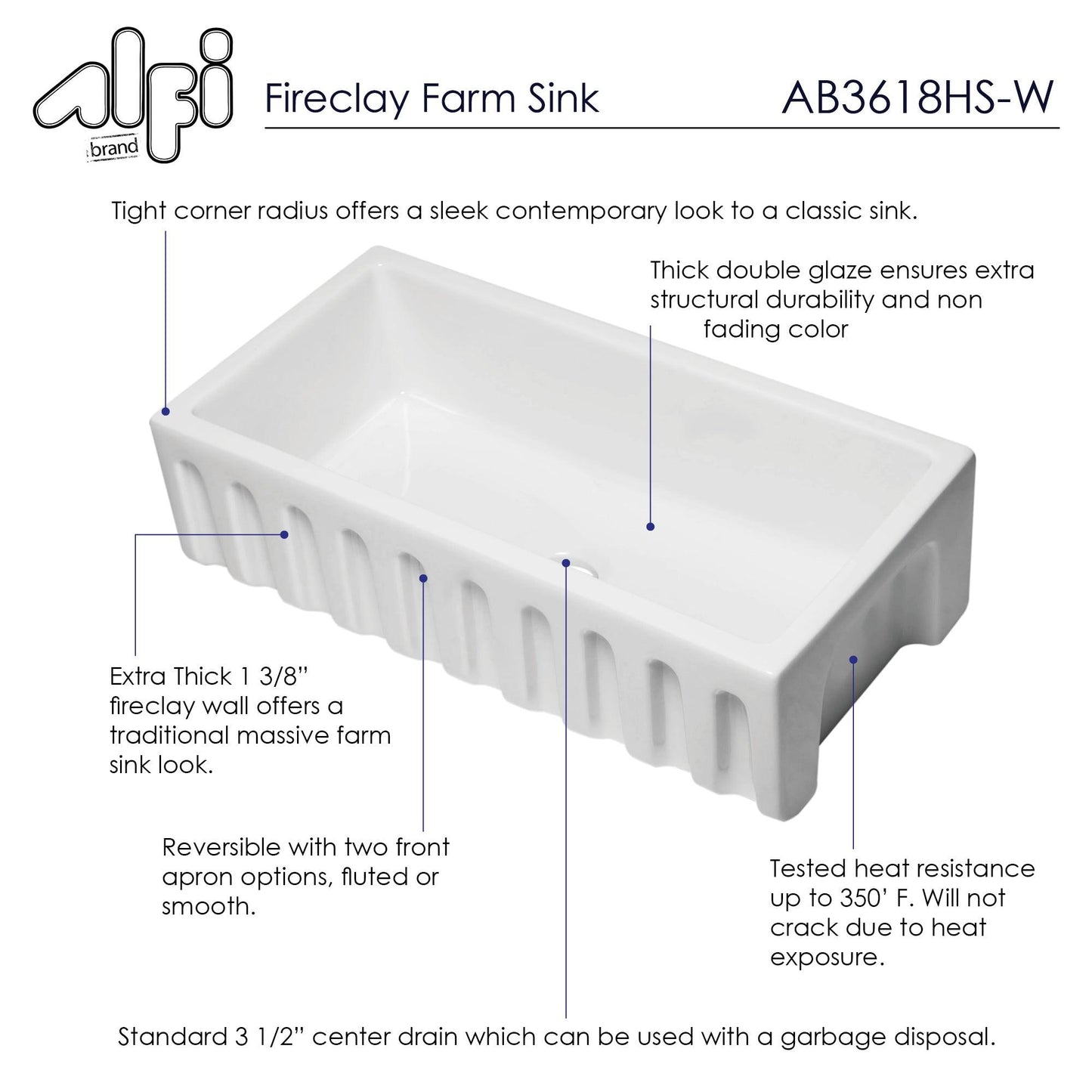 ALFI brand AB3618HS-W 36 inch White Reversible Smooth / Fluted Single Bowl Fireclay Farm Sink