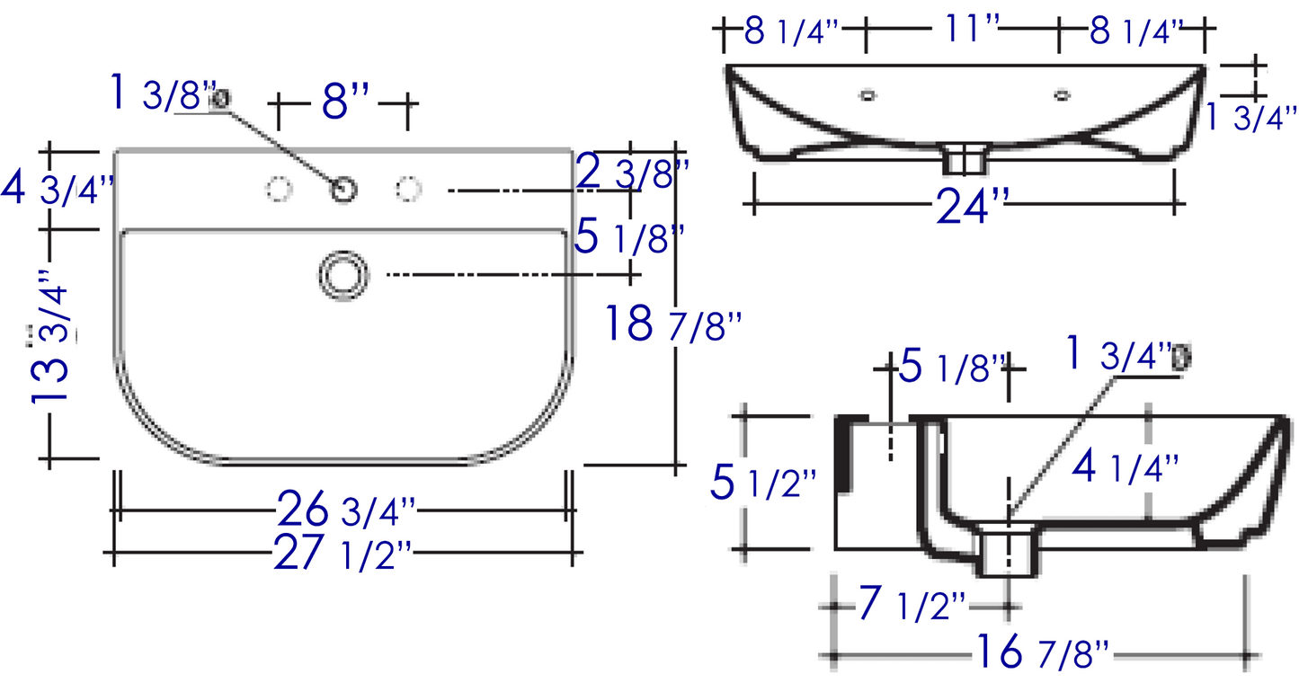 ALFI brand AB112 28" White D-Bowl Porcelain Wall Mounted Bath Sink