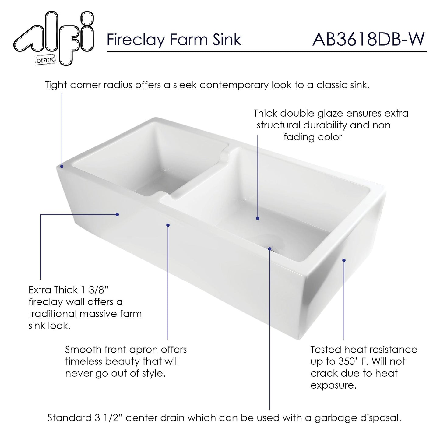 ALFI brand AB3618DB-W 36" White Smooth Apron Thick Wall Fireclay Double Bowl Farm Sink