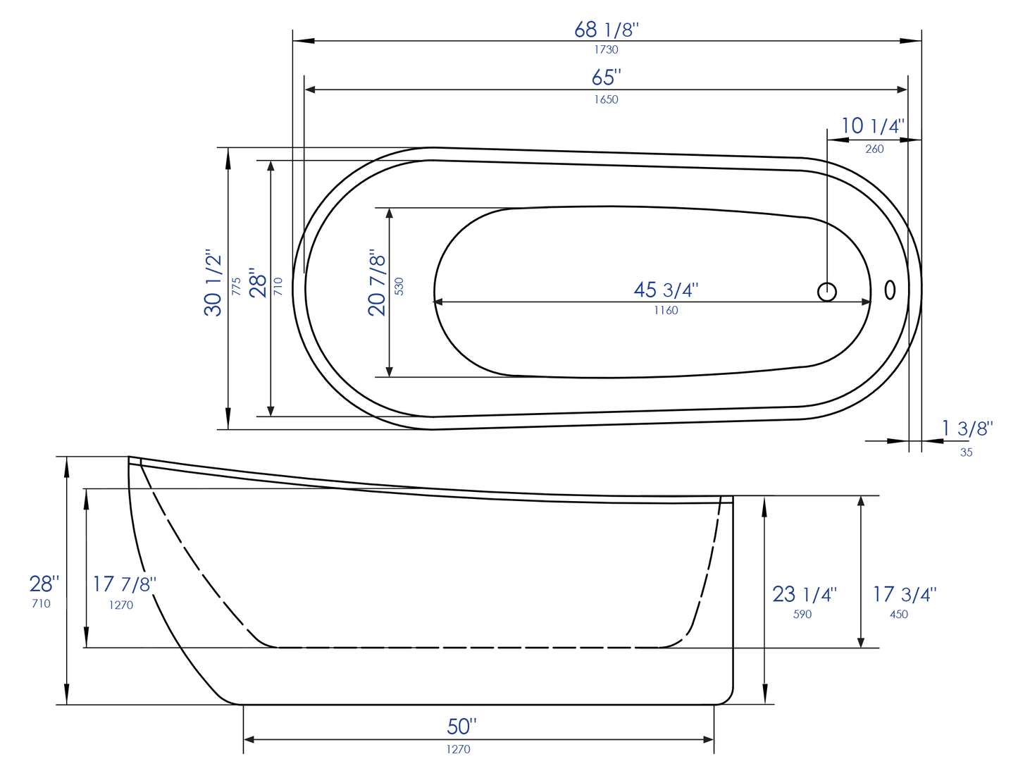 ALFI brand AB8826 68 inch White Oval Acrylic Free Standing Soaking Bathtub