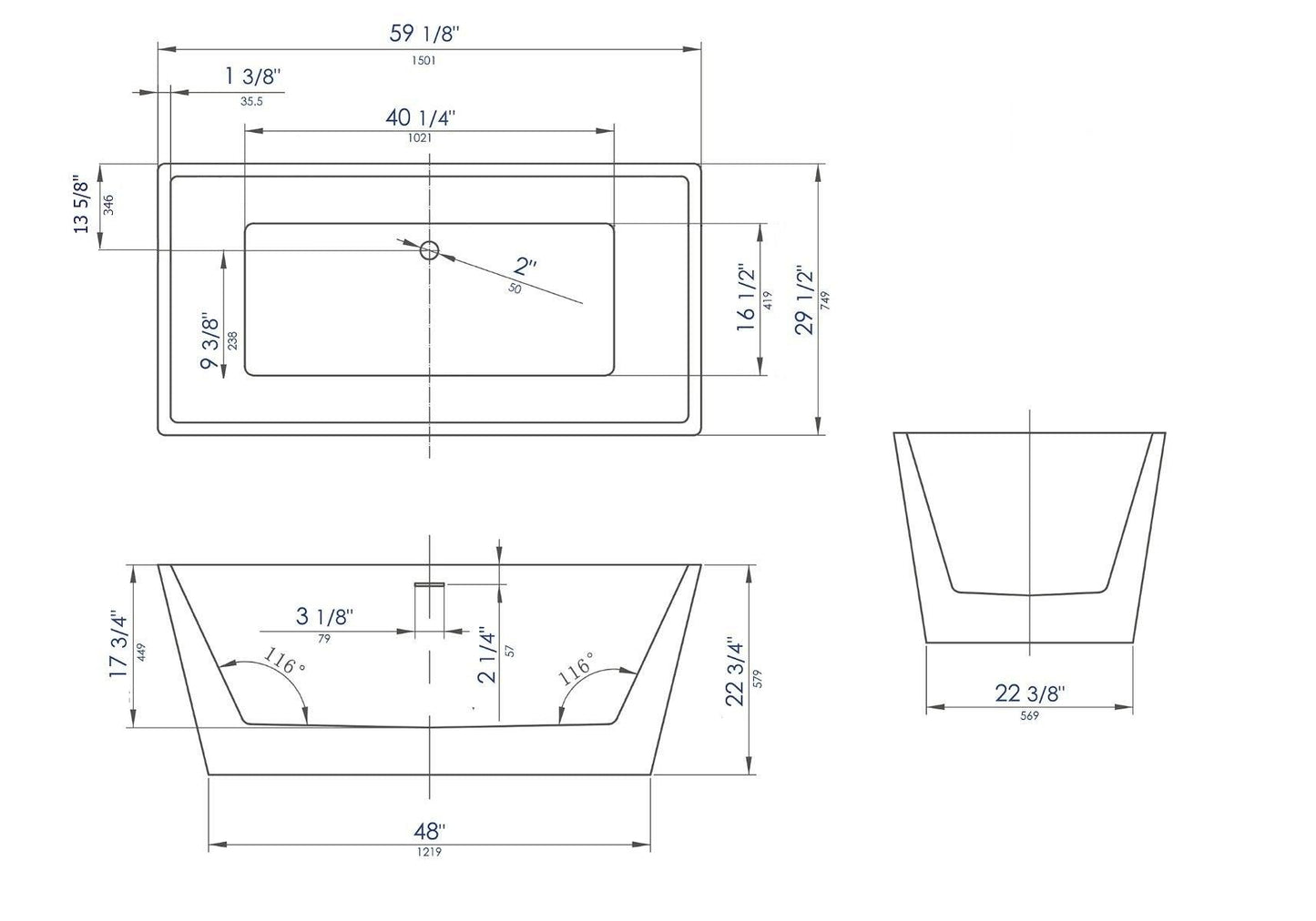 ALFI brand AB8834 59 inch Black & White Rectangular Acrylic Free Standing Soaking Bathtub