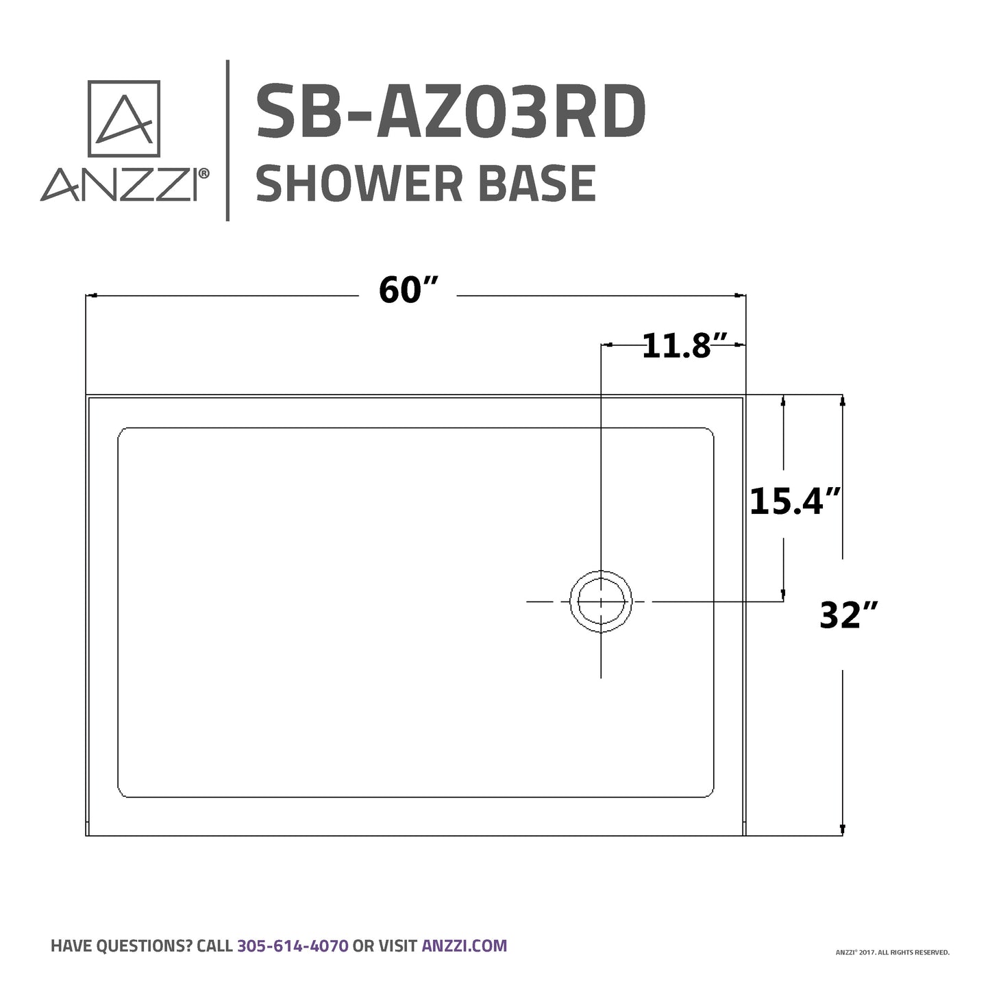 Tier 32 x 60 in. Right Drain Single Threshold Shower Base in White