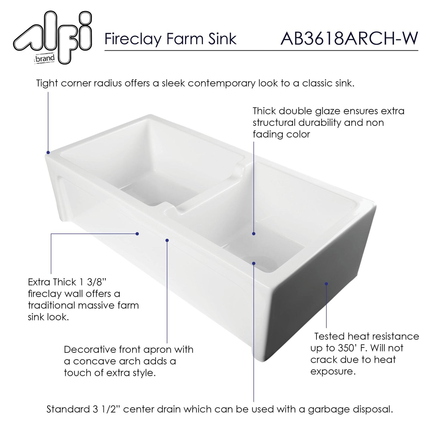 ALFI brand AB3618ARCH-W 36" White Arched Apron Thick Wall Fireclay Double Bowl Farm Sink