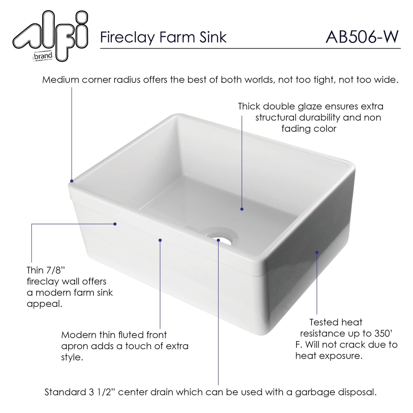 ALFI brand AB506-W White 26" Decorative Lip Apron Single Bowl Fireclay Farmhouse Kitchen Sink