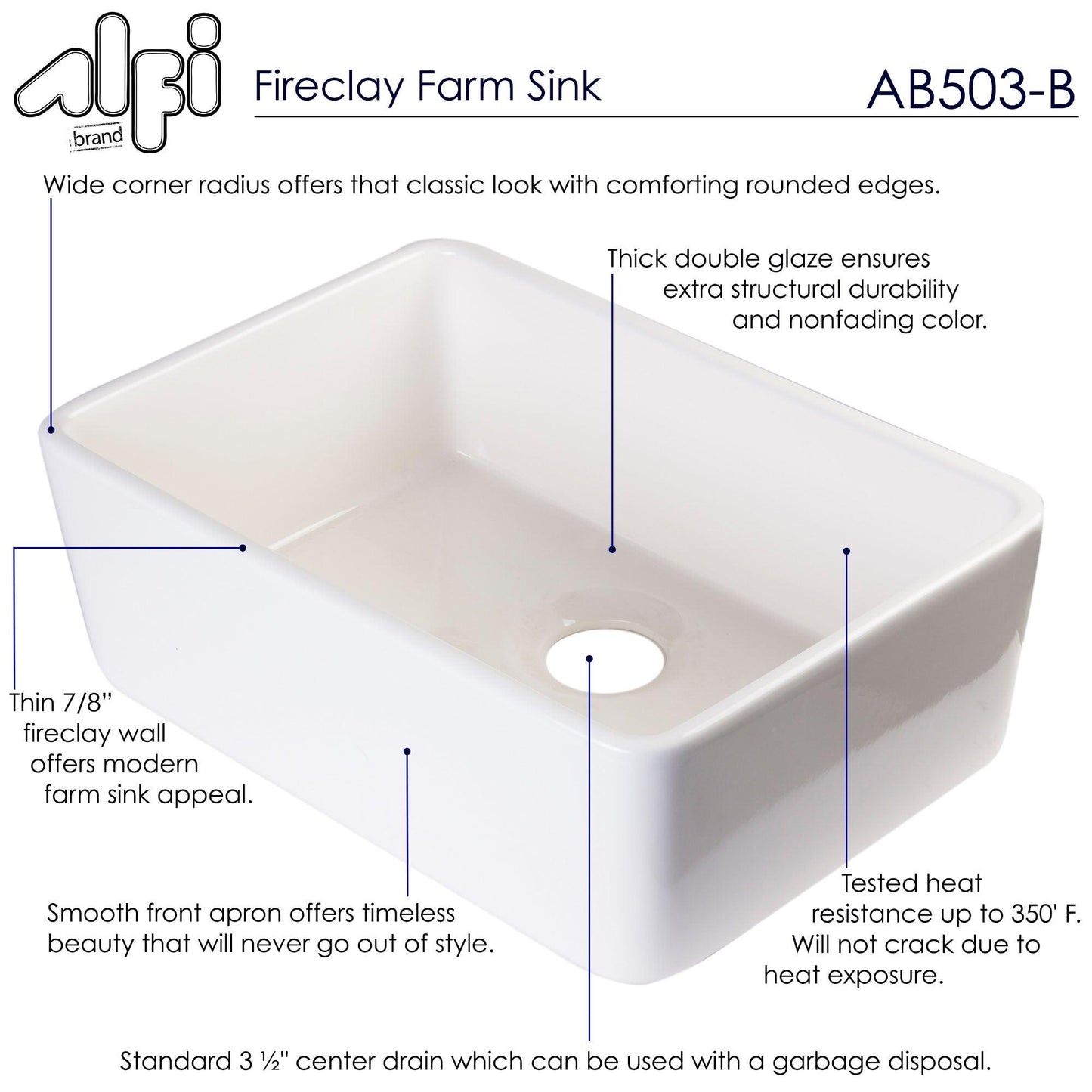 ALFI brand AB503-B Biscuit 23" Smooth Apron Fireclay Single Bowl Farmhouse Kitchen Sink
