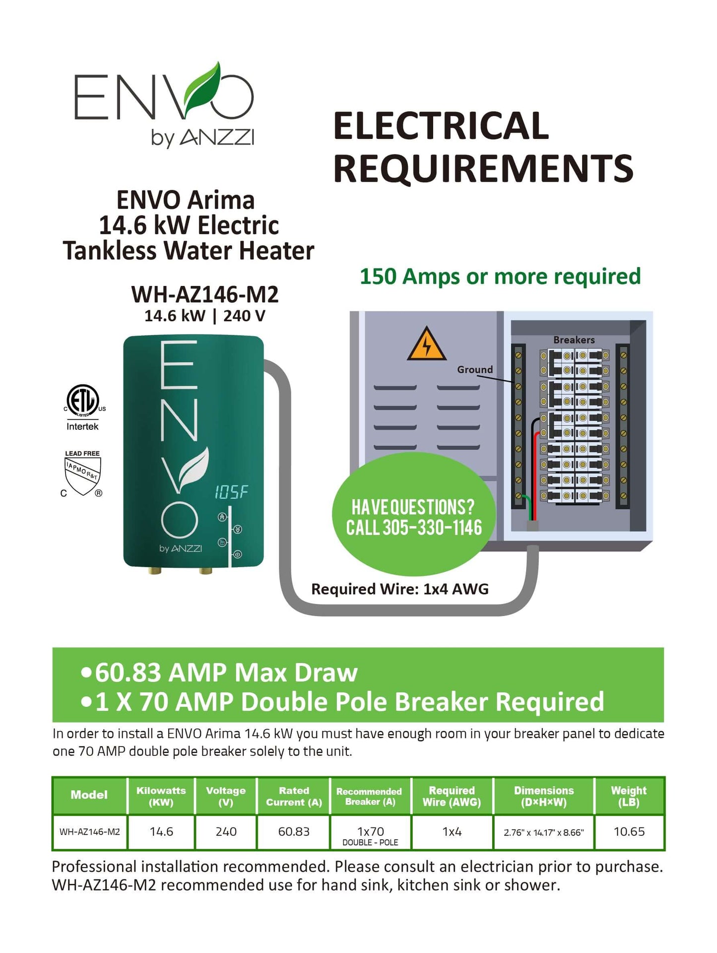 ENVO Arima 11 kW Tankless Electric Water Heater