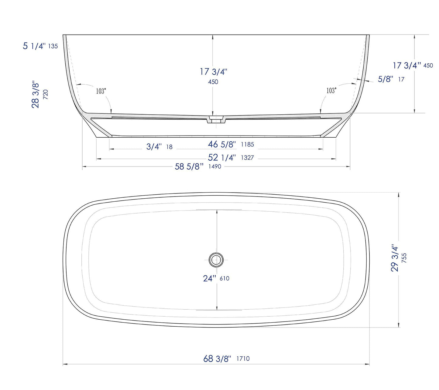 ALFI brand AB9980 67" White Matte Solid Surface Resin Bathtub