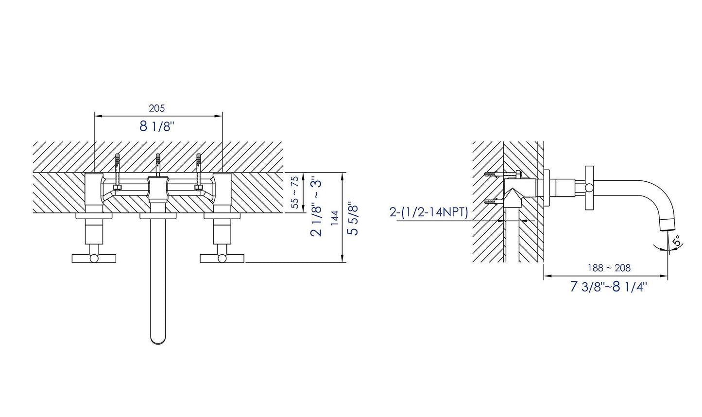 ALFI brand AB1035-PC Polished Chrome 8" Widespread Wall-Mounted Cross Handle Faucet