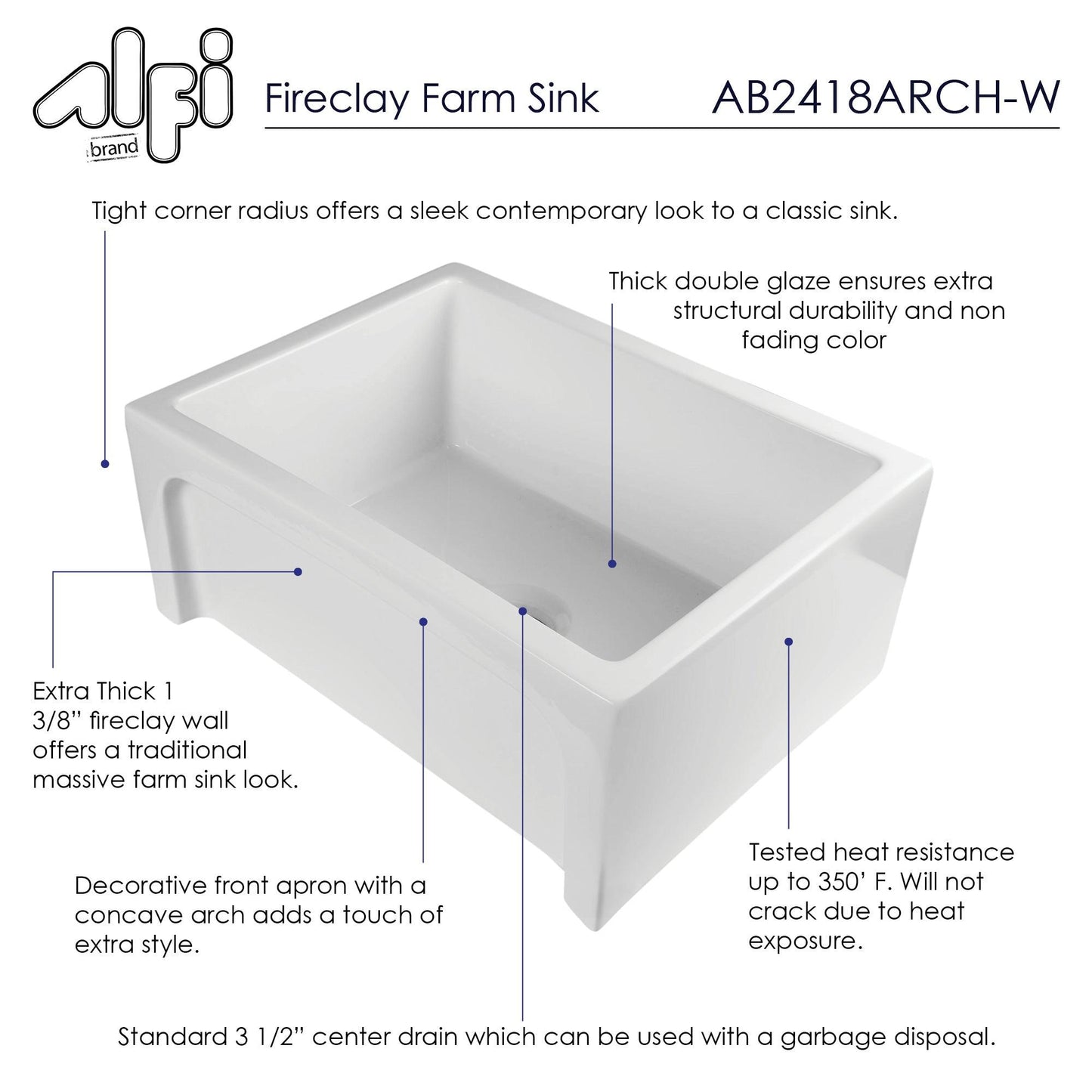 ALFI brand AB2418ARCH-W 24" White Arched Apron Thick Wall Fireclay Single Bowl Farm Sink