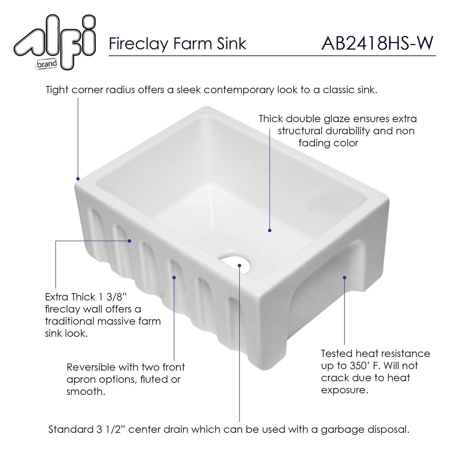 ALFI brand AB2418HS-W 24 inch White Reversible Smooth / Fluted Single Bowl Fireclay Farm Sink