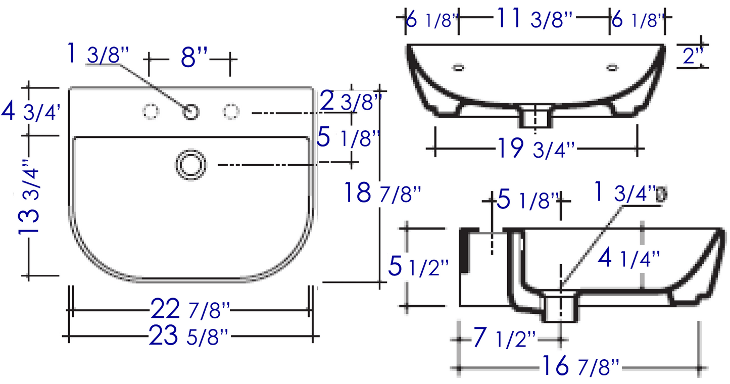 ALFI brand AB111 24" White D-Bowl Porcelain Wall Mounted Bath Sink