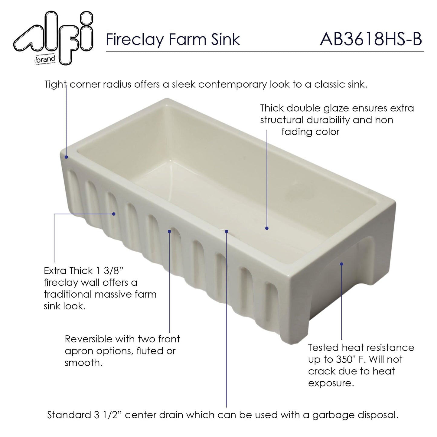ALFI brand AB3618HS-B 36 inch Biscuit Reversible Smooth / Fluted Single Bowl Fireclay Farm Sink