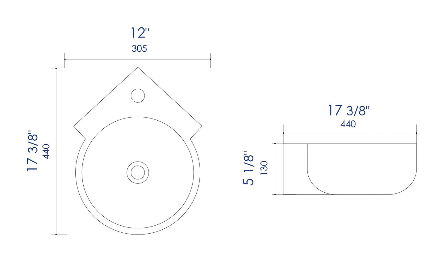 ALFI brand ABC121 White 17" Tiny Corner Wall Mounted Ceramic Sink with Faucet Hole