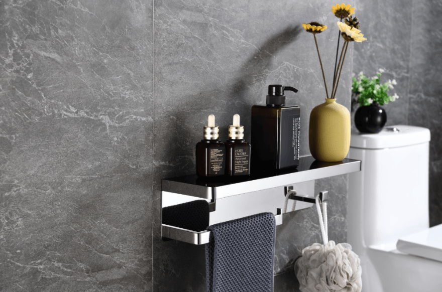 Lexora Bagno Bianca Glass Black / White Shelf w/ Towel Bar & Robe Hook