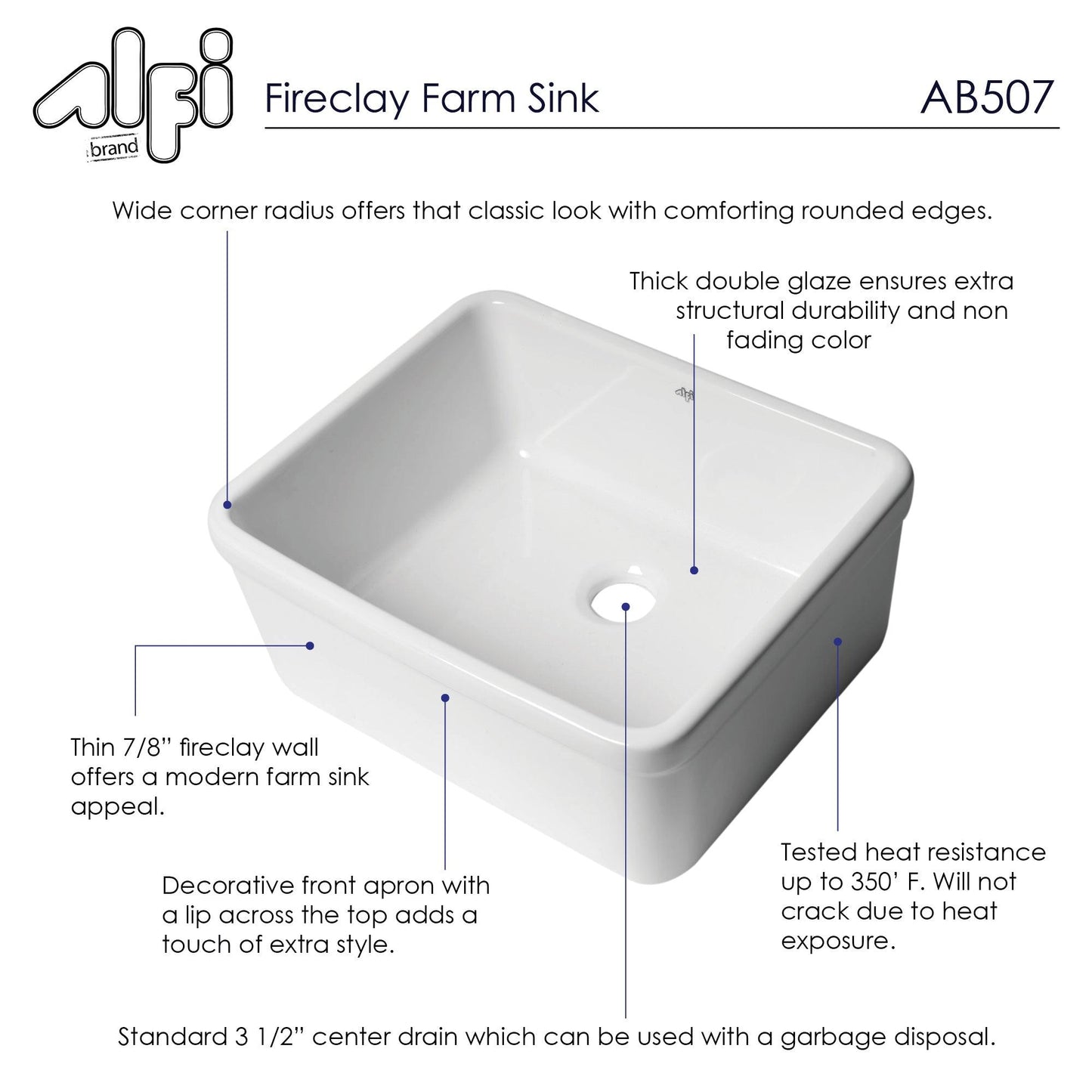ALFI brand AB507 White 20" Single Bowl Apron Fireclay Farmhouse Kitchen Sink