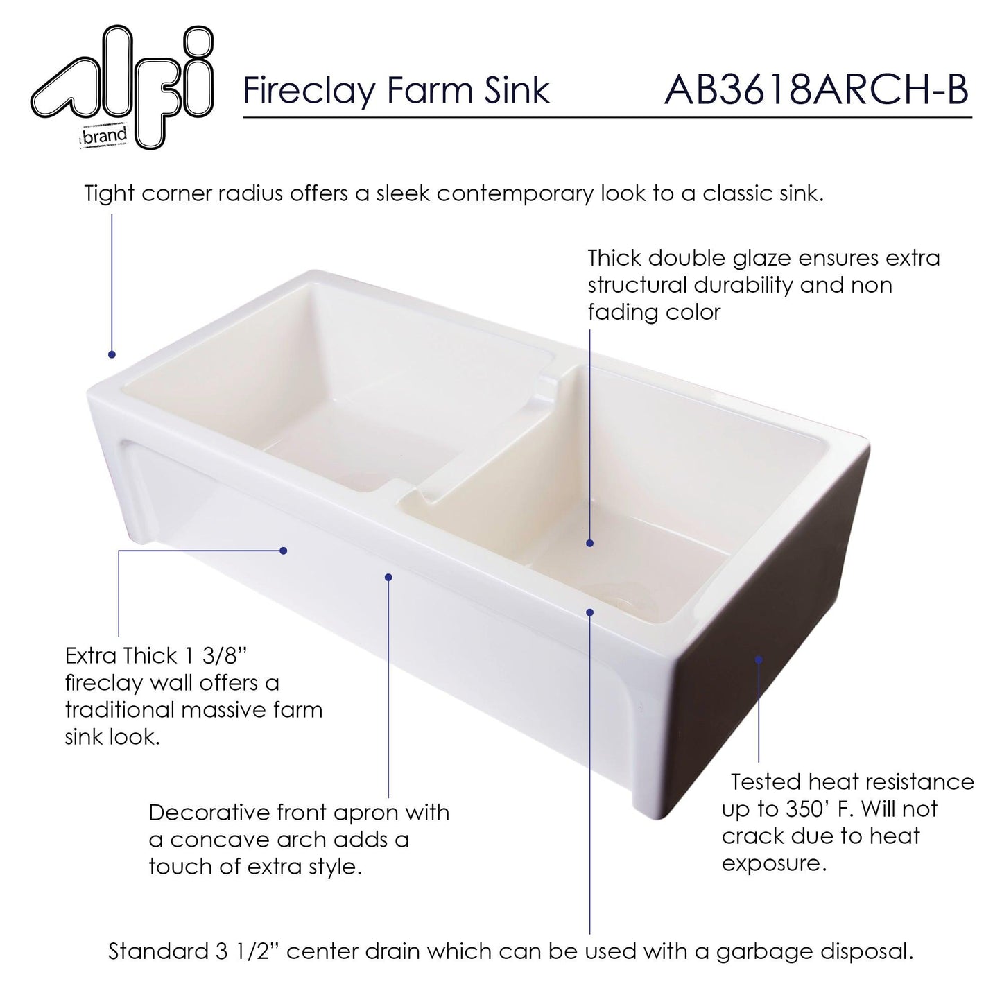 ALFI brand AB3618ARCH-B 36" Biscuit Arched Apron Thick Wall Fireclay Double Bowl Farm Sink