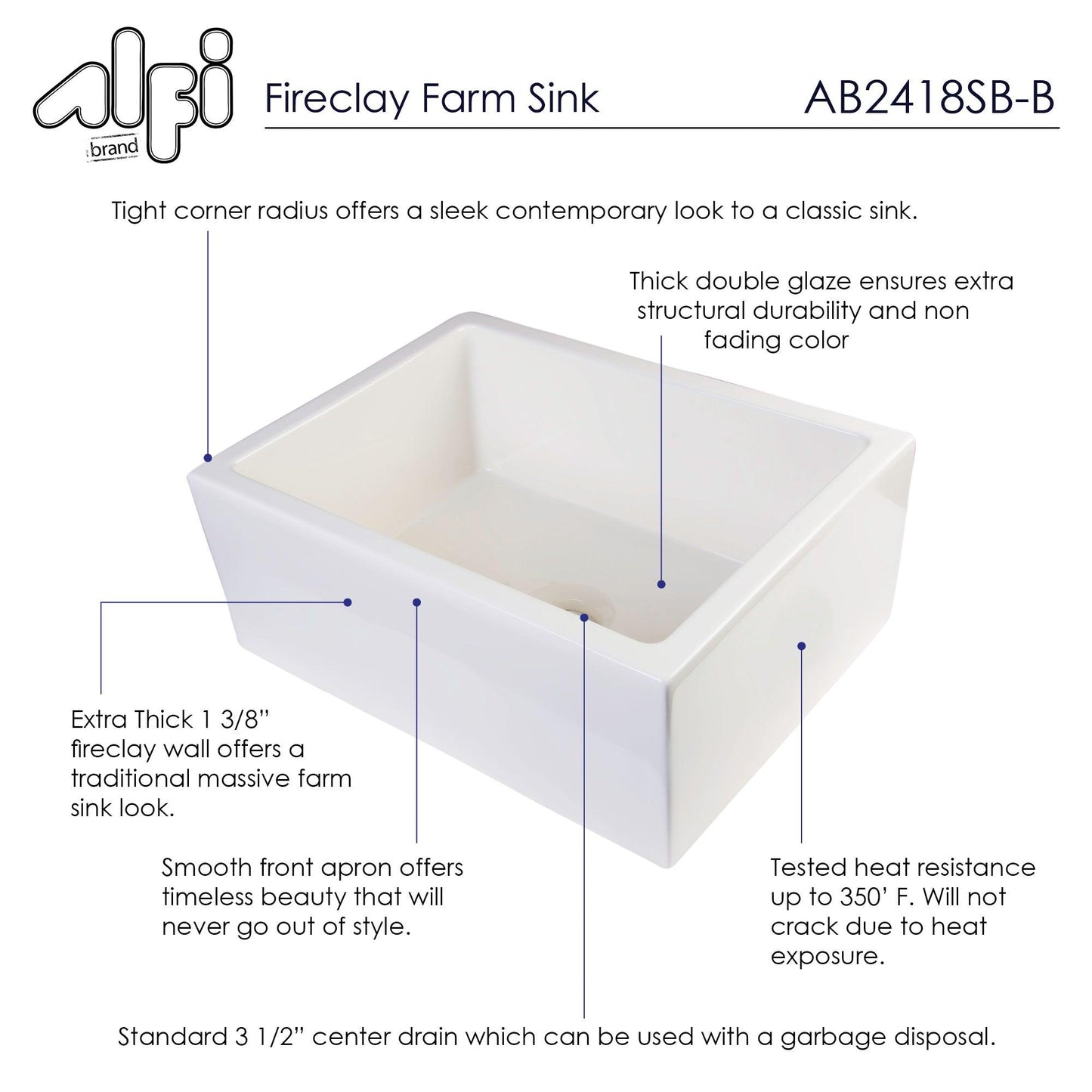 ALFI brand AB2418SB-B 24" Biscuit Smooth Thick Wall Fireclay Single Bowl Farm Sink