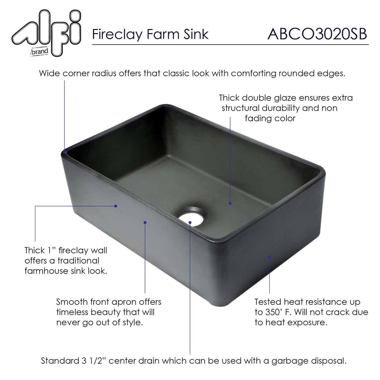 ALFI brand ABCO3020SB Concrete Color 30 inch Reversible Single Fireclay Farmhouse Kitchen Sink