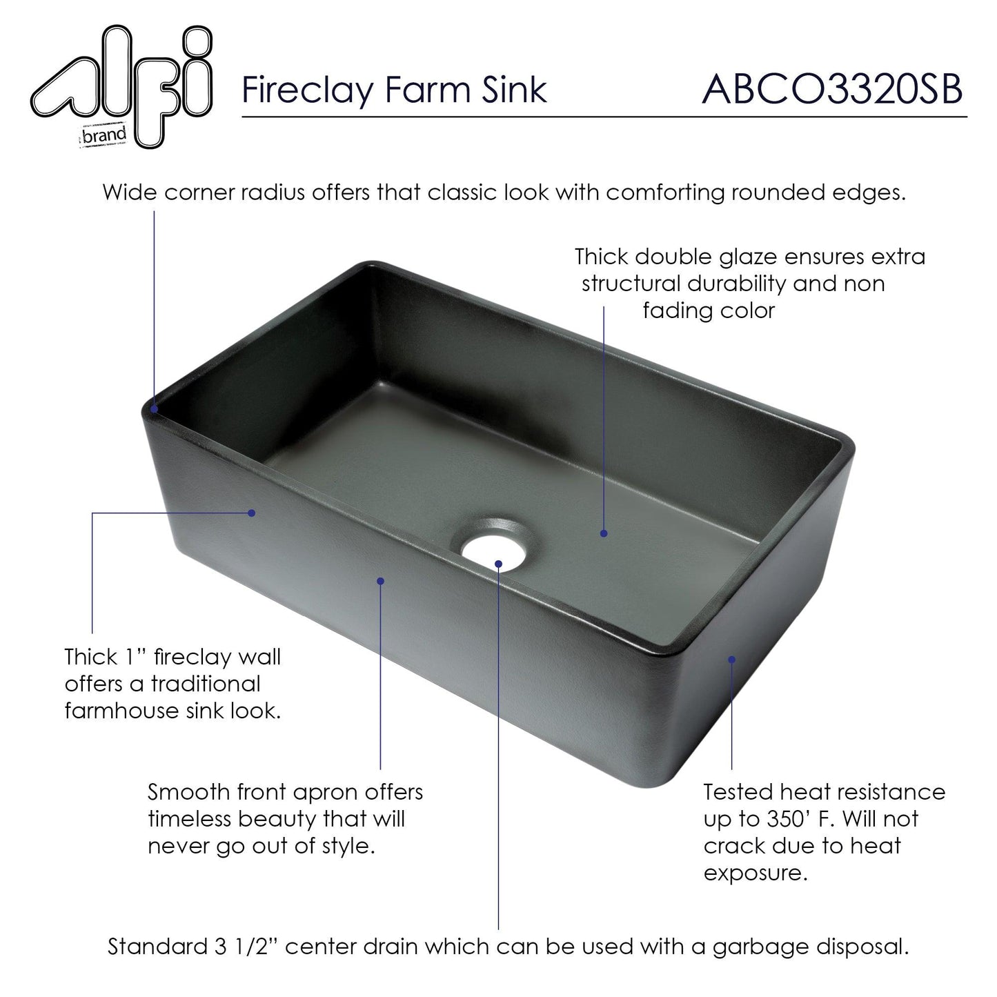 ALFI brand ABCO3320SB Concrete Color 33 inch Reversible Single Fireclay Farmhouse Kitchen Sink