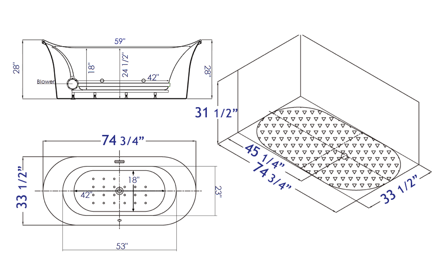 EAGO AM1900 74" White Free Standing Air Bubble Bathtub