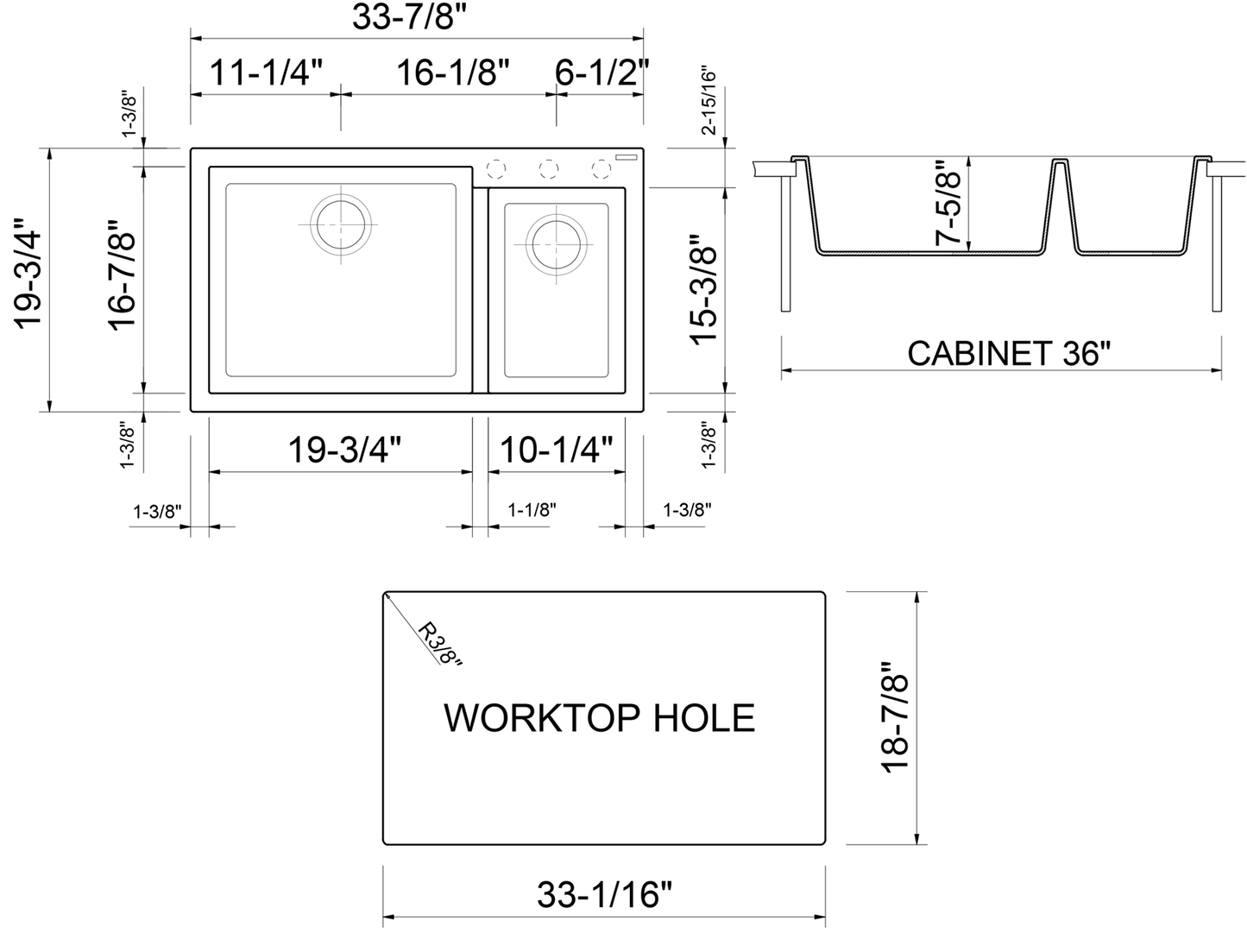 ALFI brand AB3319DI-BLA Black 34" Double Bowl Drop In Granite Composite Kitchen Sink