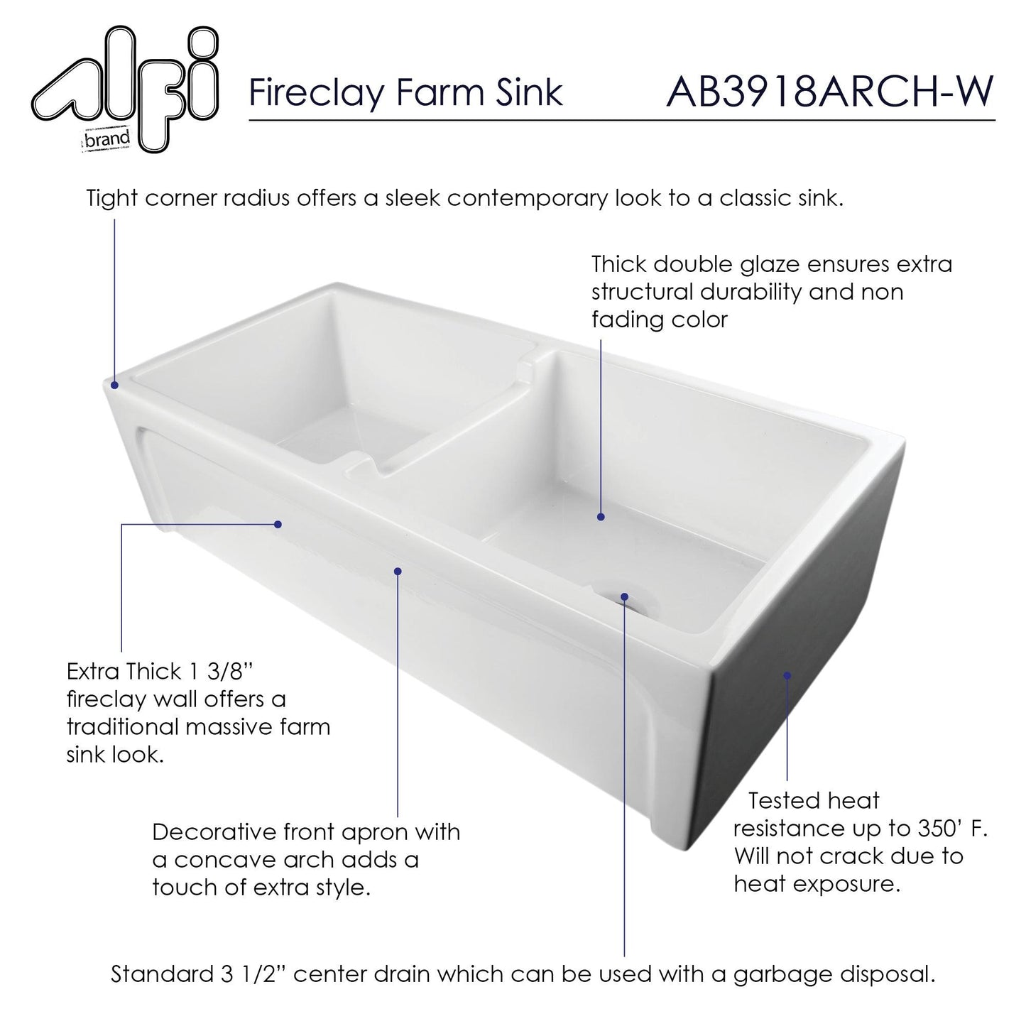 ALFI brand AB3918ARCH-W 39" White Arched Apron Thick Wall Fireclay Double Bowl Farm Sink