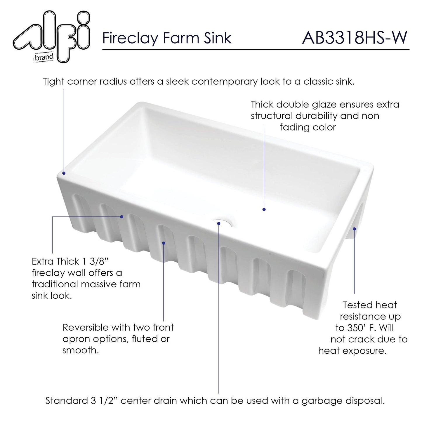 ALFI brand AB3318HS-W White 33" x 18" Reversible Fluted / Smooth Single Bowl Fireclay Farm Sink