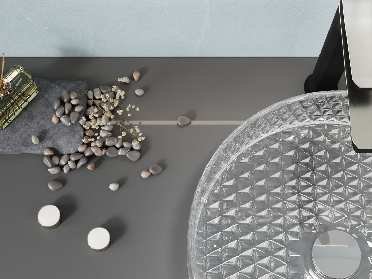 Celeste Round Clear Glass Vessel Bathroom Sink with Faceted Pattern