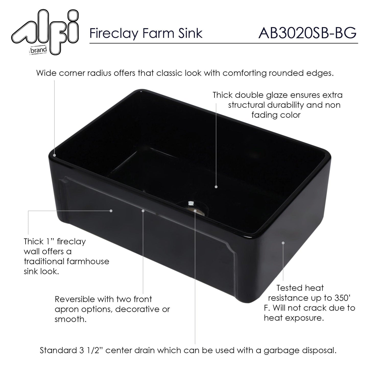 ALFI brand AB3020SB-BG 30 inch Black Reversible Single Fireclay Farmhouse Kitchen Sink