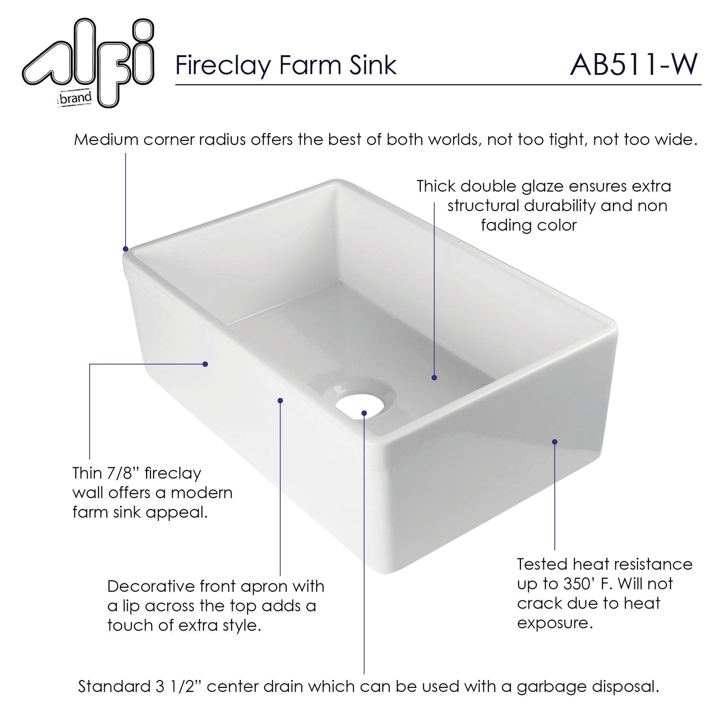ALFI brand AB511-W White 30" Decorative Lip Apron Single Bowl Fireclay Farmhouse Kitchen Sink