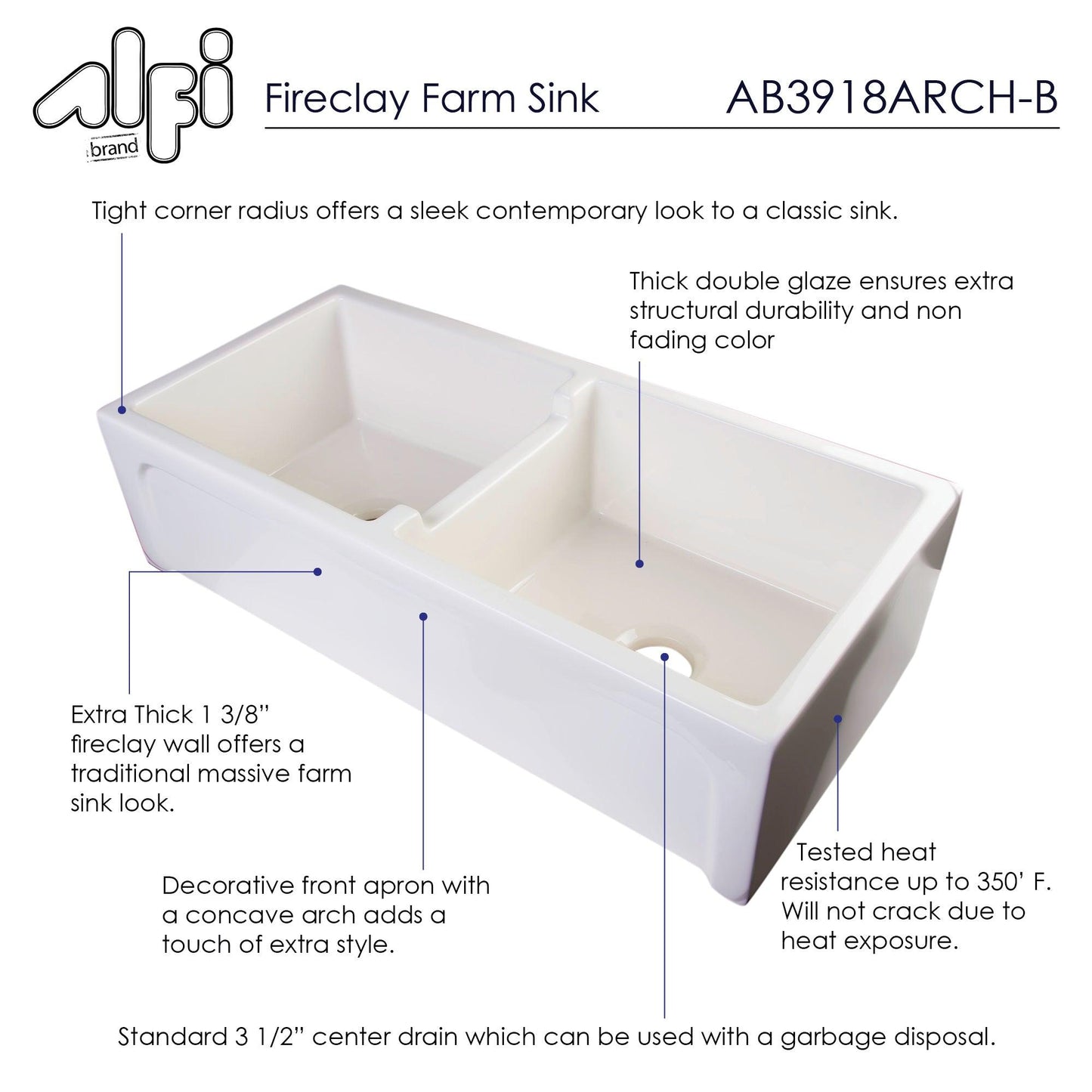 ALFI brand AB3918ARCH-B 39" Biscuit Arched Apron Thick Wall Fireclay Double Bowl Farm Sink