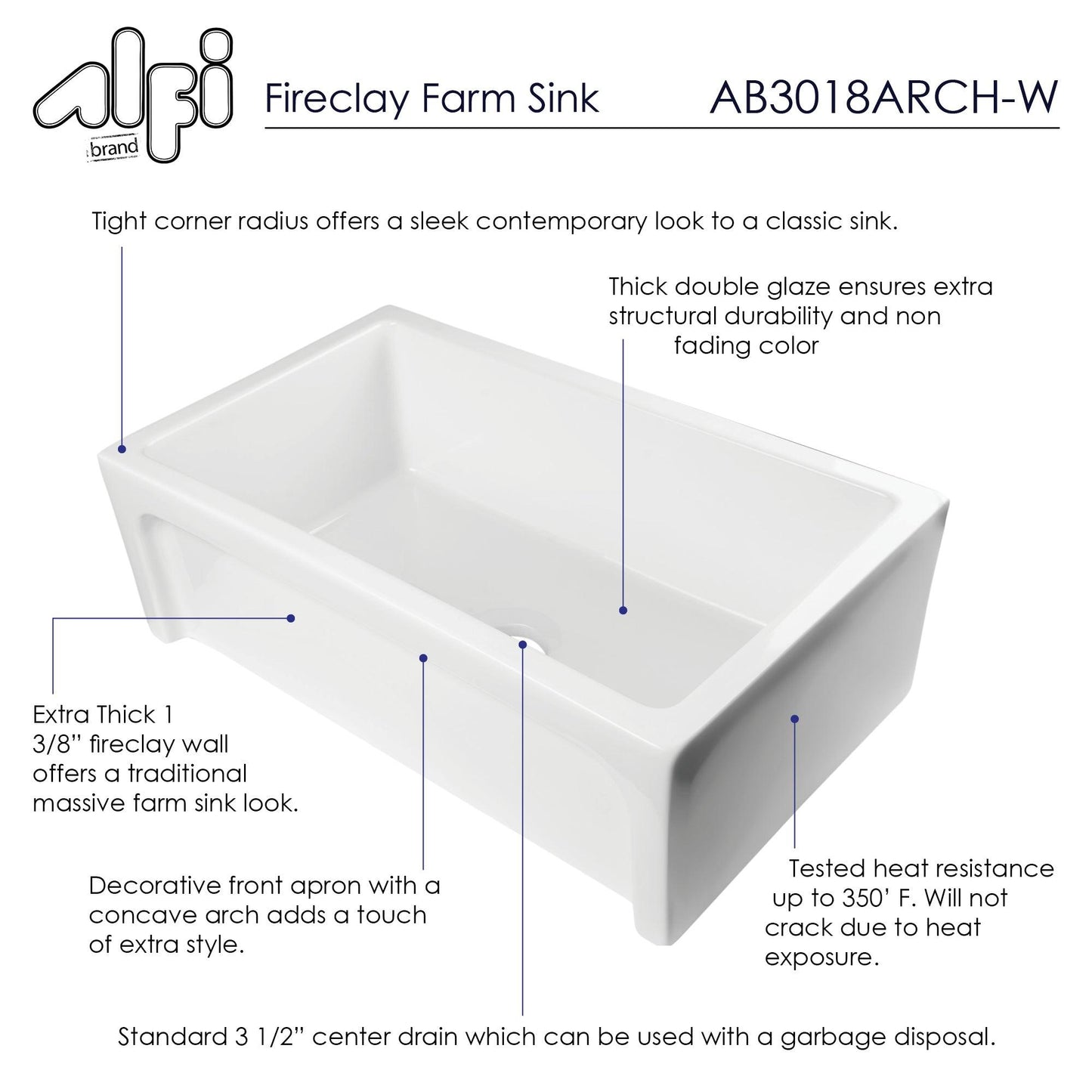 ALFI brand AB3018ARCH-W 30" White Arched Apron Thick Wall Fireclay Single Bowl Farm Sink