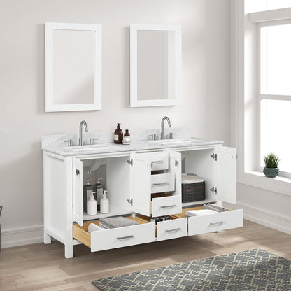 Blossom Geneva 60" Double Sink Freestanding Bathroom Vanity With Countertop, Undermount Sink, Mirrors, White, open