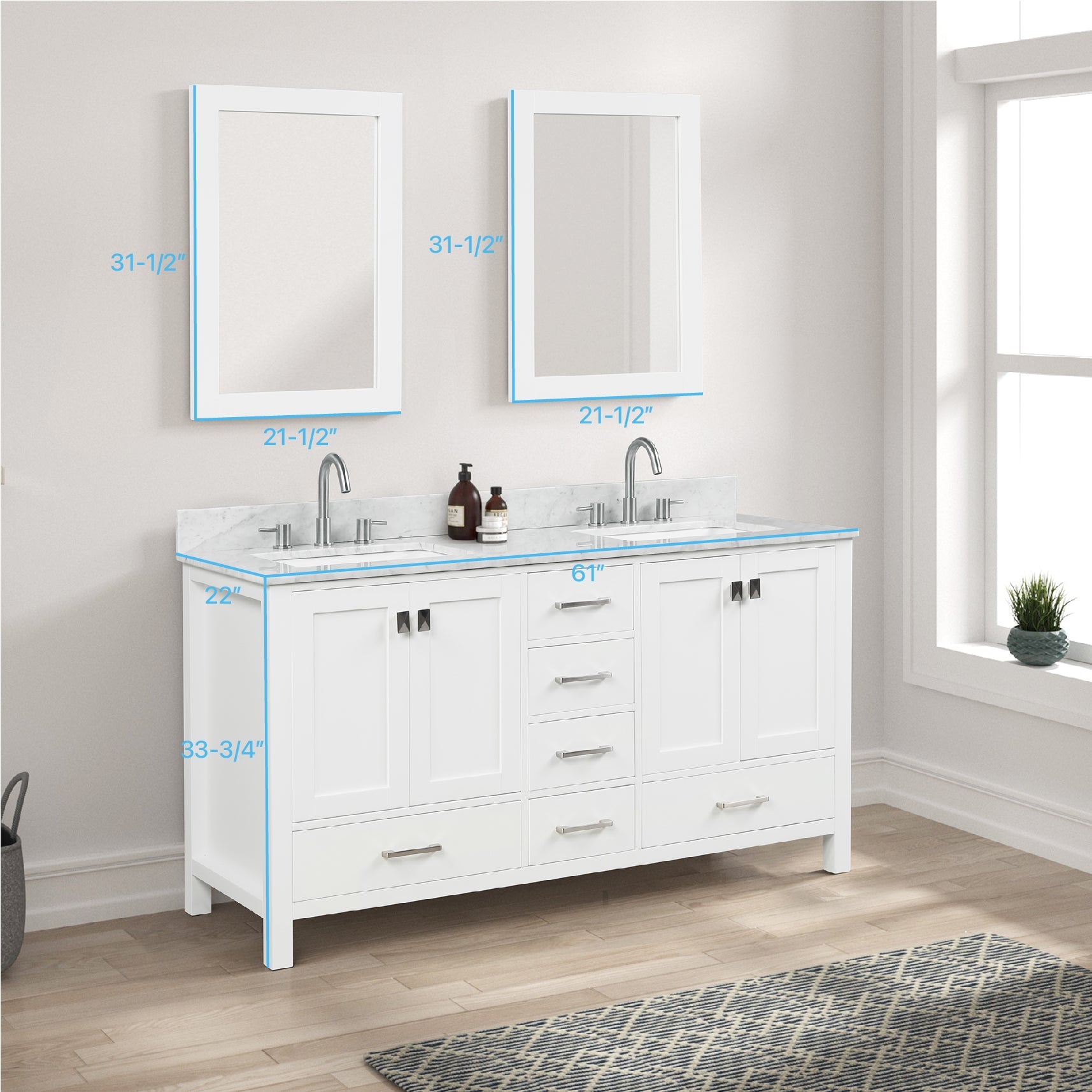 Blossom Geneva 60" Double Sink Freestanding Bathroom Vanity With Countertop, Undermount Sink, Mirrors, White