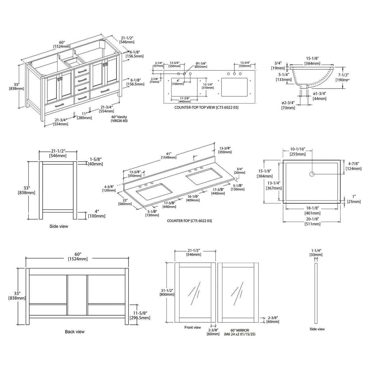 Blossom Geneva 60" Double Sink Freestanding Bathroom Vanity With Countertop, Undermount Sink, Mirrors, White, spec