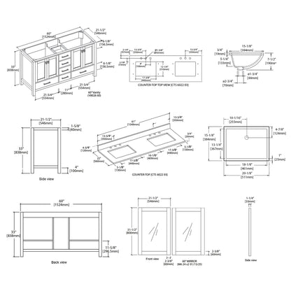 Blossom Geneva 60" Double Sink Freestanding Bathroom Vanity With Countertop, Undermount Sink, Mirrors, White, spec